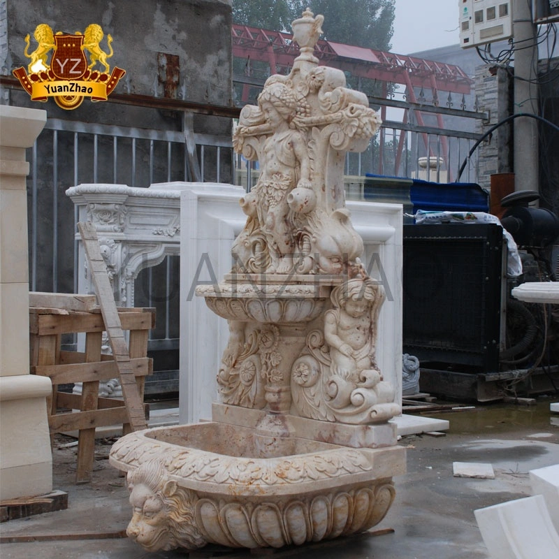 High Skilled Garden Beige Marble Lion Head and Cupid Angel Sculpture Wall Fountain Indoor Marble Waterfall Fountain