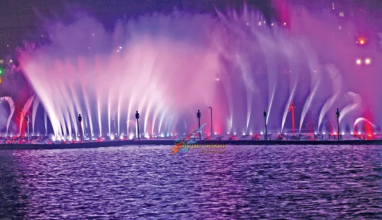 Schwimmende Feuerschießen-Lichtshow im Freien Hatirjheel-Laserbrunnen in Bangladesch