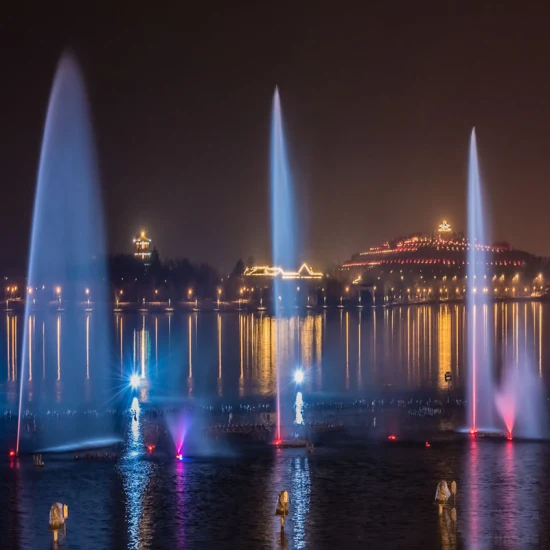 Morden Edelstahl-Musiktanzbrunnen Wasserbrunnen Wasserlaserprojektorshow, Inner Circle Bridge Regenbogenbrunnen, Pyrotechincs Feuersprühbrunnen